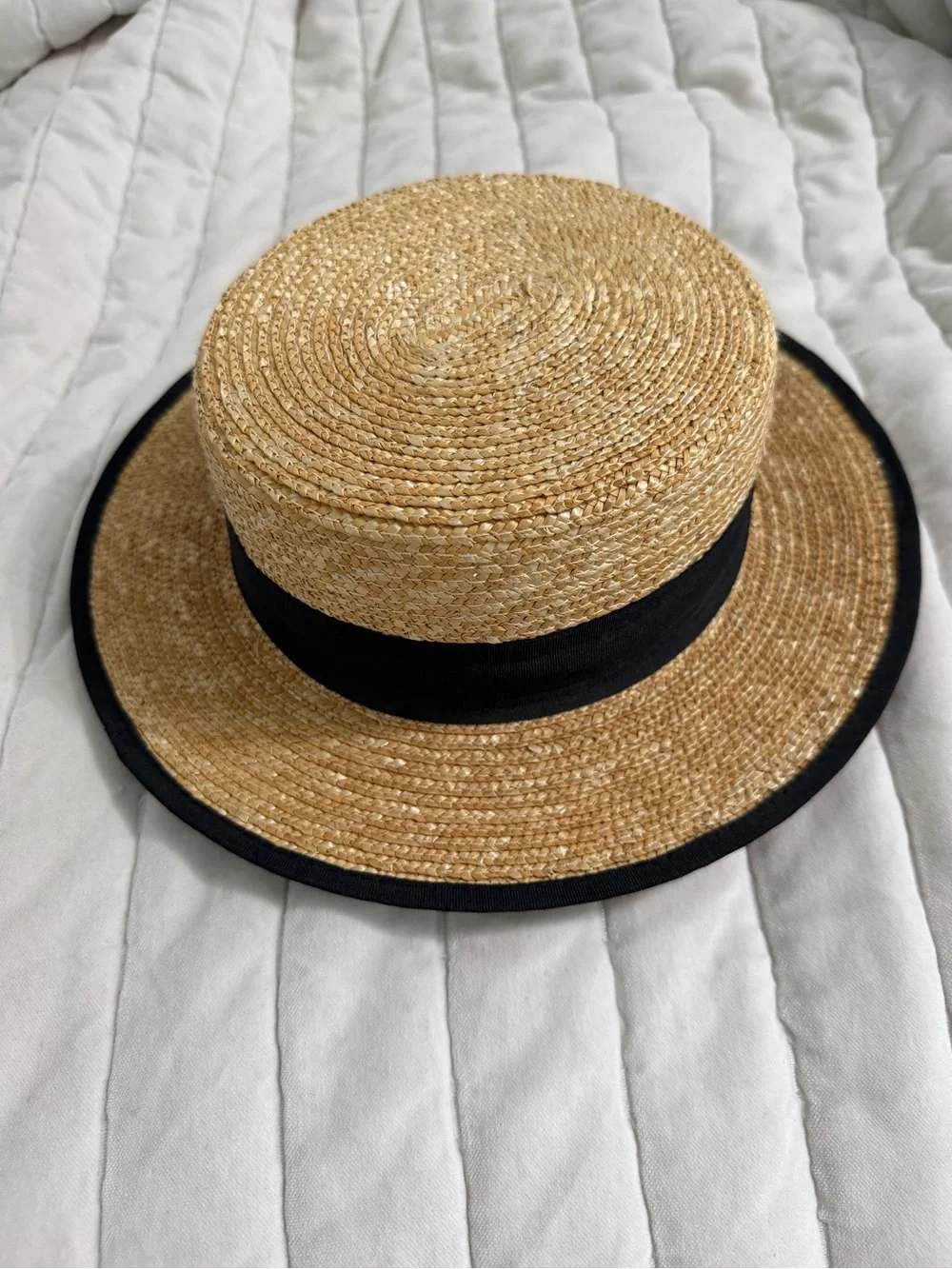 Girls Zara Tan Straw Boater Hat with Black Band
